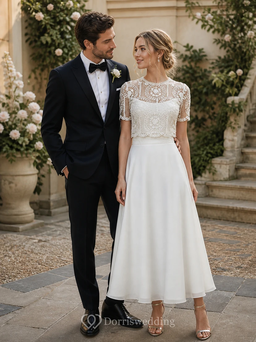 Vintage zweiteiliges, kurzärmeliges Chiffon-Hochzeitskleid in Teelänge mit Spitzenoberteil view 6