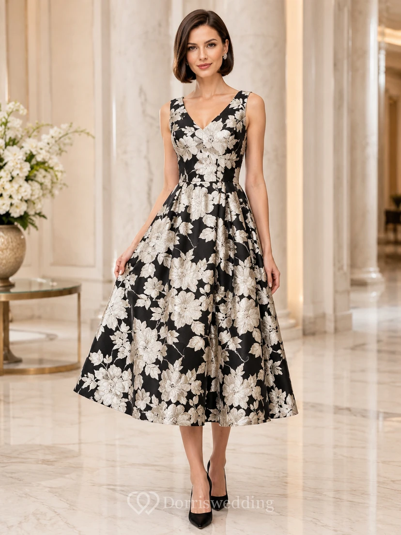 Schwarzes, ärmelloses, plissiertes Vintage-Teekleid aus Satin mit Blumenmuster und V-Ausschnitt