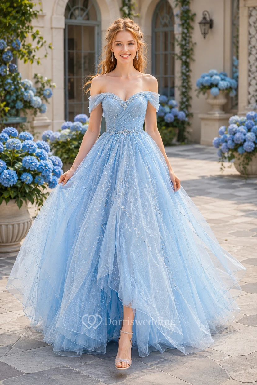 Sky Blue Off Shoulder Glitter Tulle Ball Gown with Layered Skirt for Prom Quinceanera and Formal Celebrations
