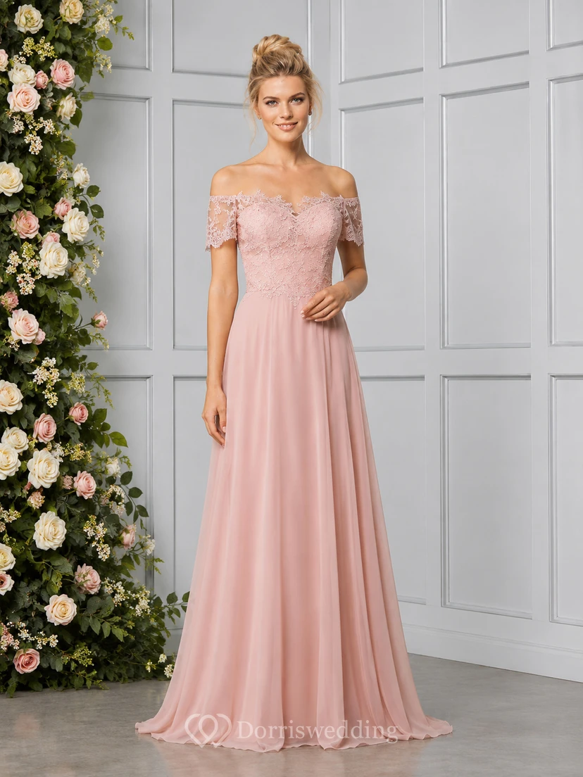 Blush off shoulder lace bodice chiffon floor length dress
