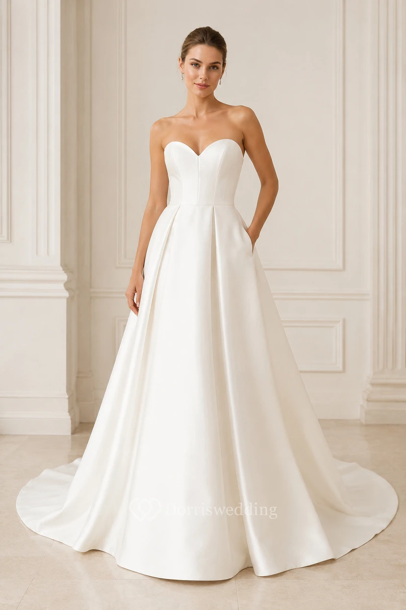 Robe de soirée blanche en satin, robe de bal bustier avec traîne chapelle