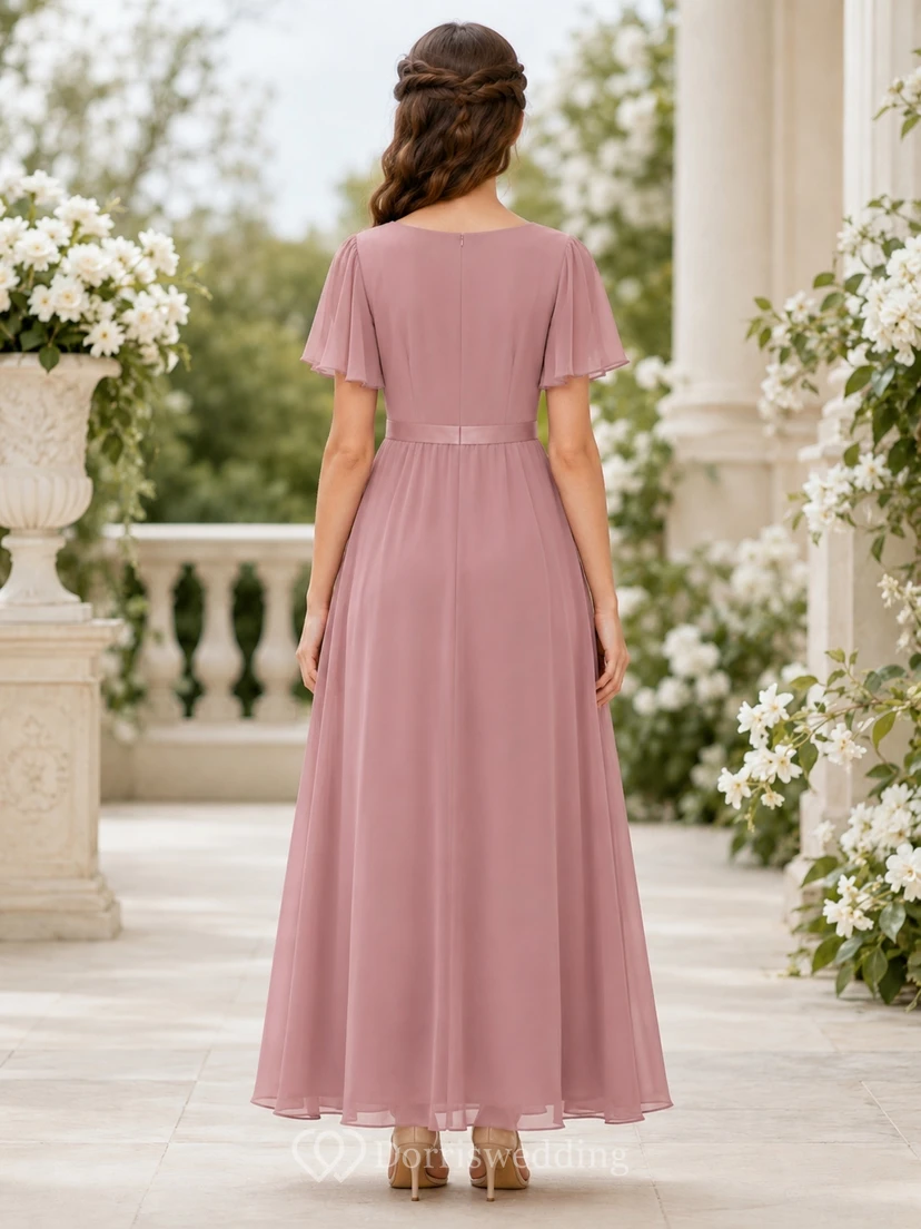 Schlichtes, altrosafarbenes Chiffonkleid mit Glockenärmeln, A-Linien-Ausschnitt und Teelänge für junge Brautjungfern view 2