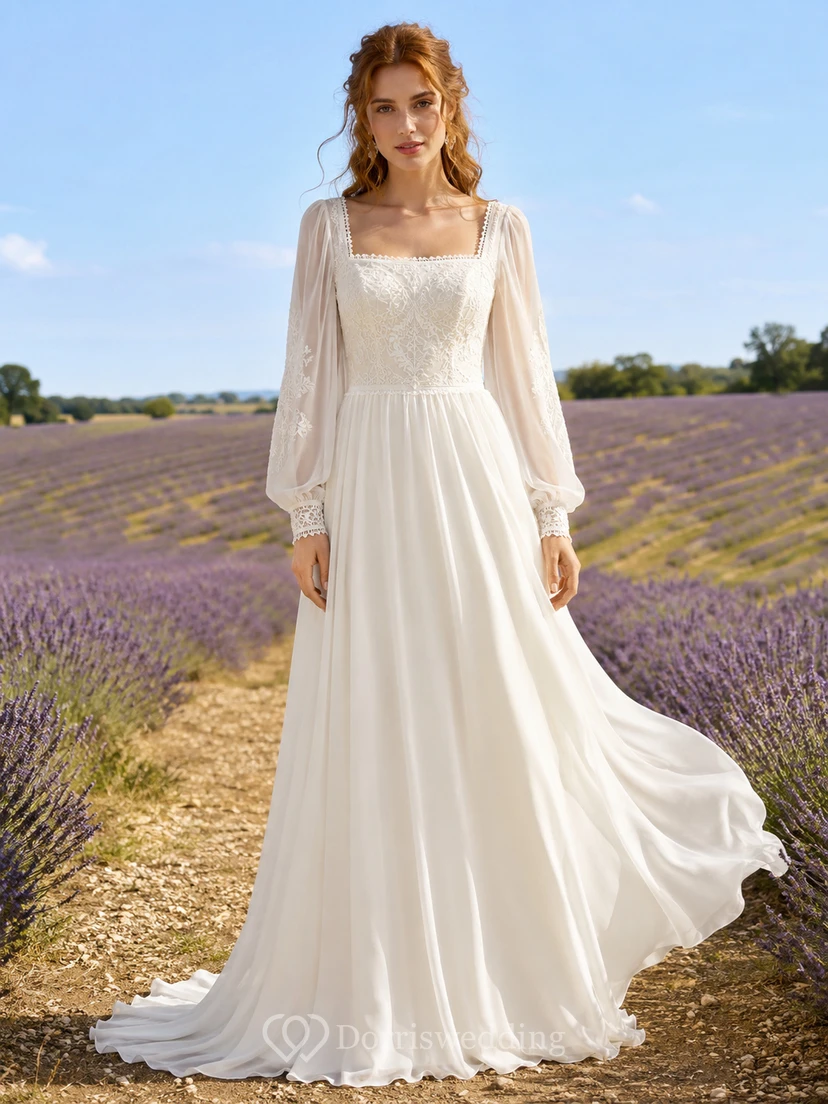 Vestido de novia bohemio de gasa con cuello cuadrado y manga larga