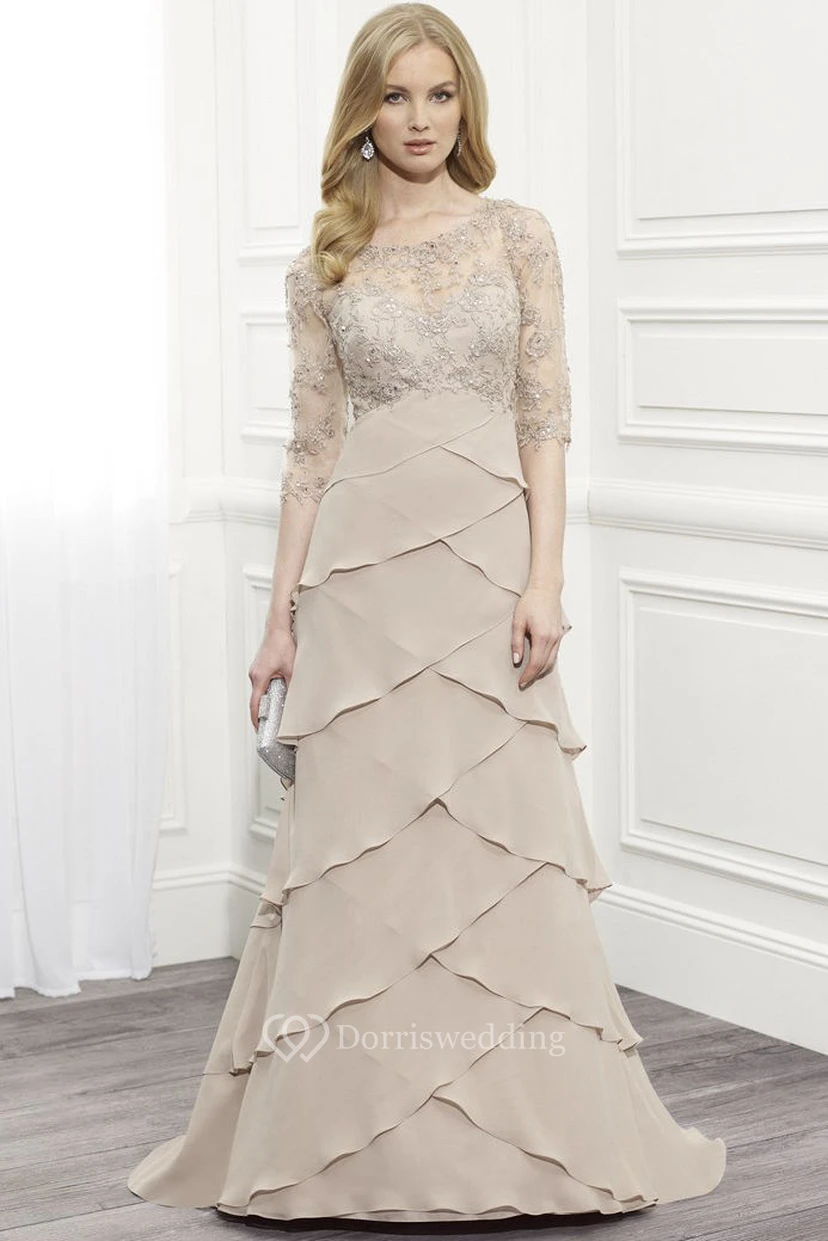 Floor-Length Scoop Neck Tiered Half Sleeve Chiffon Formal Dress