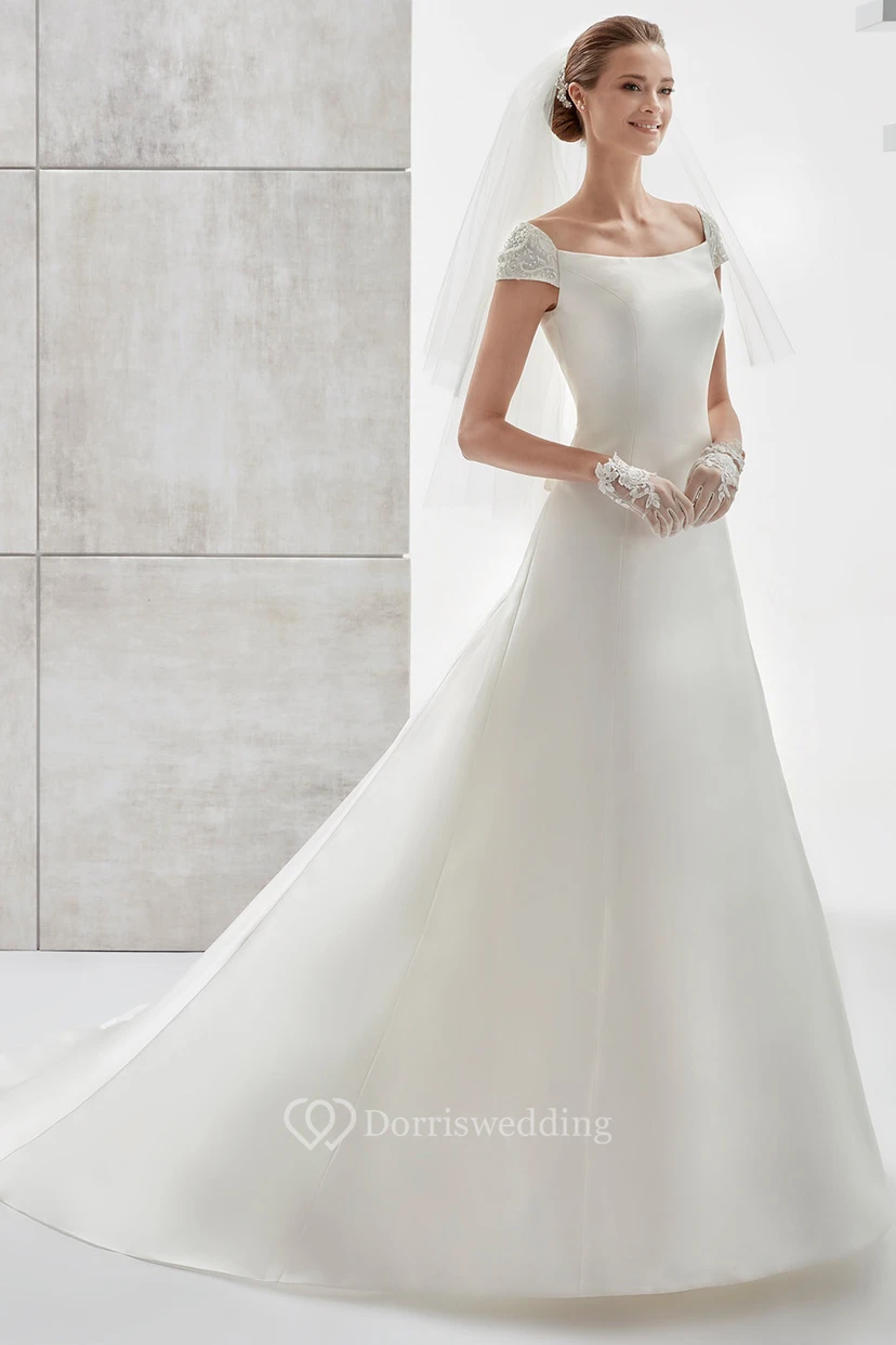 Simple Cap-Sleeve Satin A-Line Wedding Dress With Brush Train And Lace Straps