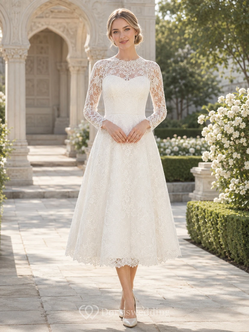 Modest High Neck Lace Long Sleeve Tea Length Temple Wedding Dress