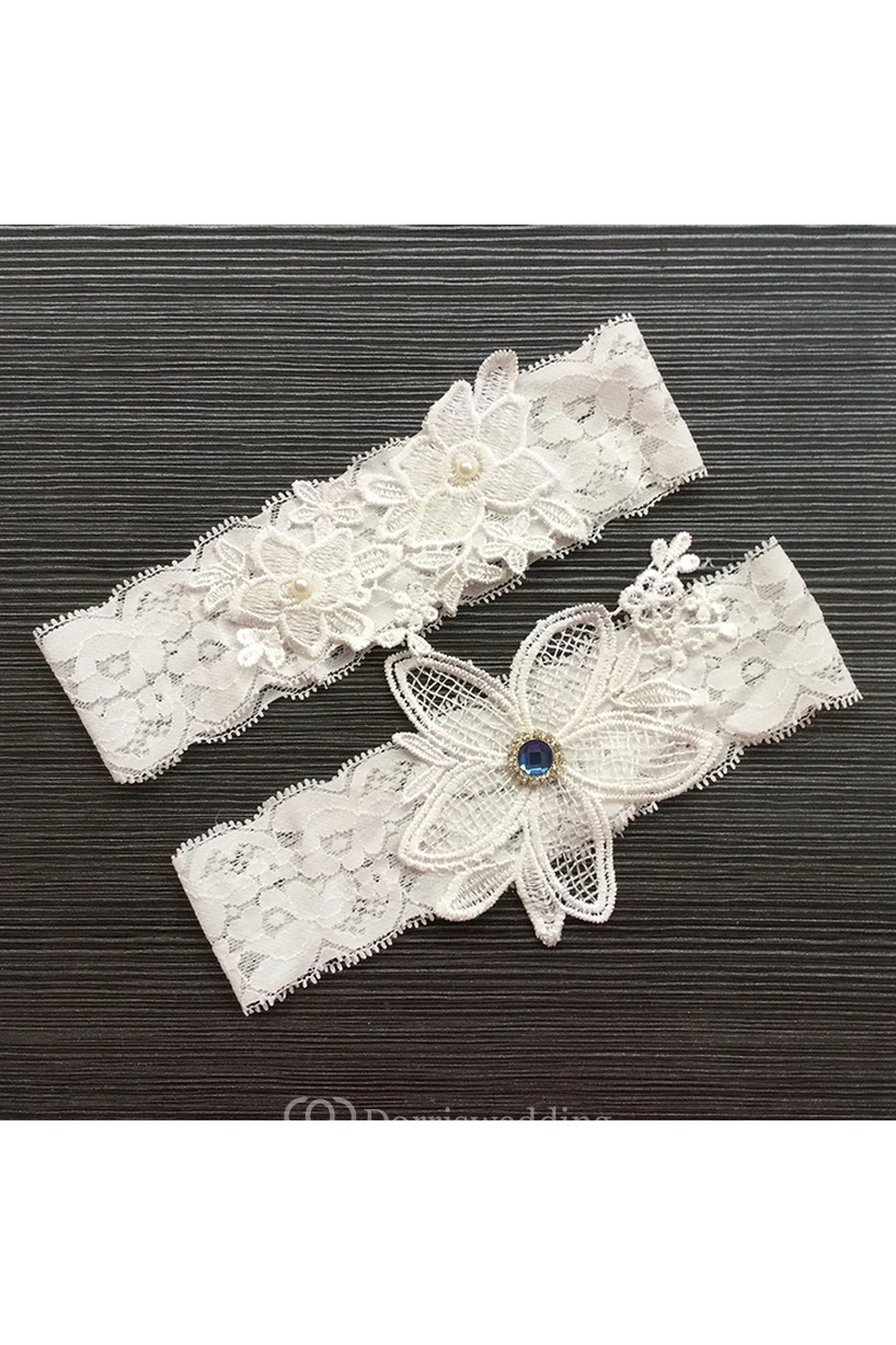 Wide-brimmed Blue Gem Flower Lace Two-piece Elastic Garter Within 16-23inch view 2