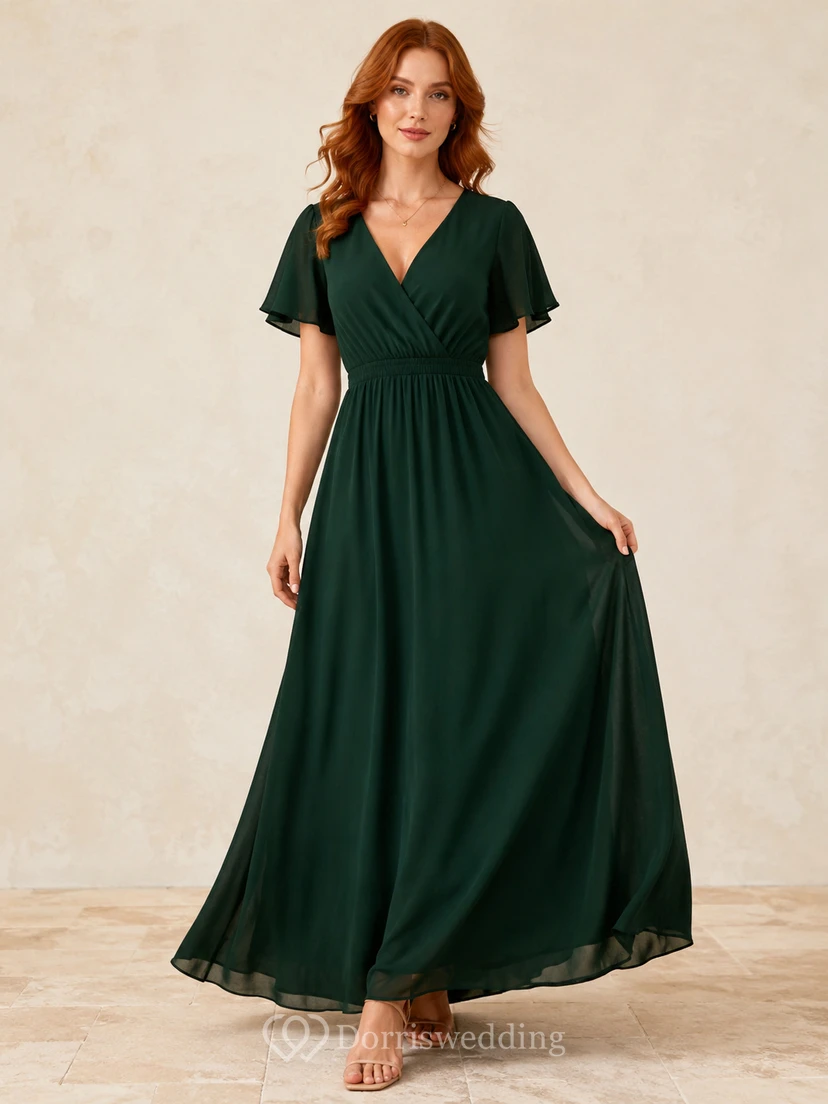 Emerald V Neck Flutter Sleeve Chiffon Formal Maxi Dress