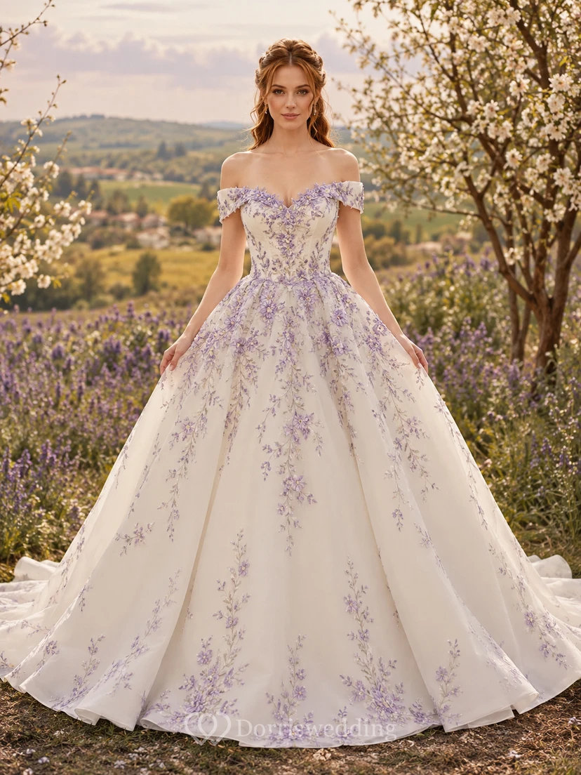 Lavendelfarbenes, besticktes, schulterfreies Frühlingsballkleid Brautkleid