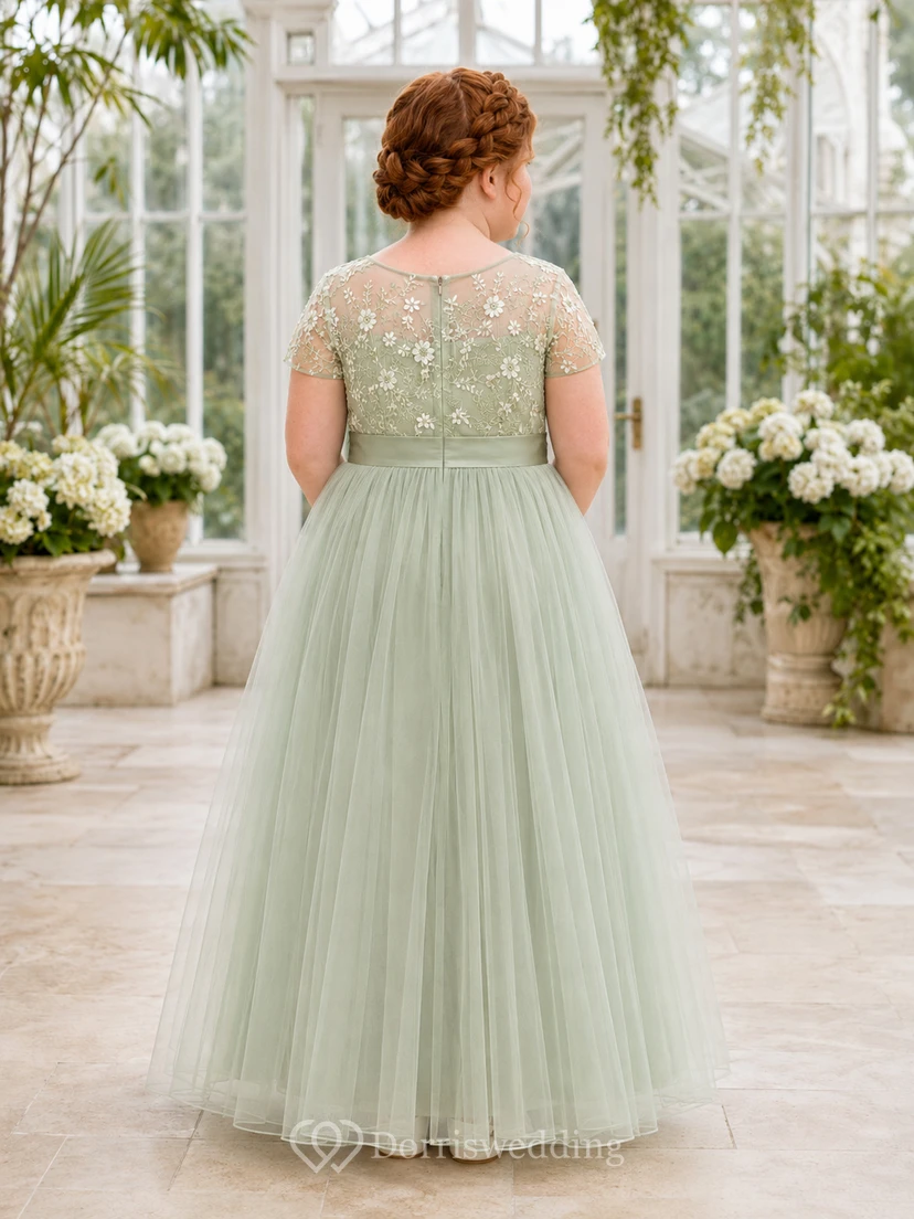 Sage Flower Girl Dress Elegant Floor-Length A-Line Short Illusion Sleeve Contrast Floral Embroidered Tulle Satin Waist view 2