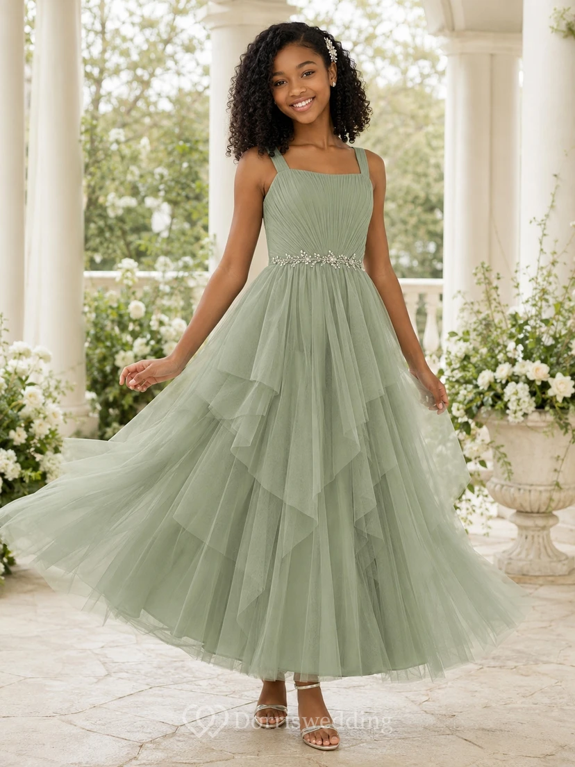 Luxuriöses, bodenlanges Junior-Brautjungfernkleid aus Celadon-Tüll mit Spaghettiträgern, quadratischem A-Linien-Schnitt