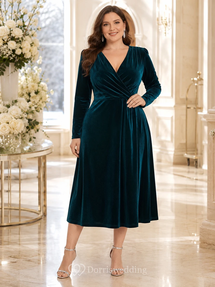 Robe portefeuille en velours à col en V et manches longues, motif paon, grande taille.
