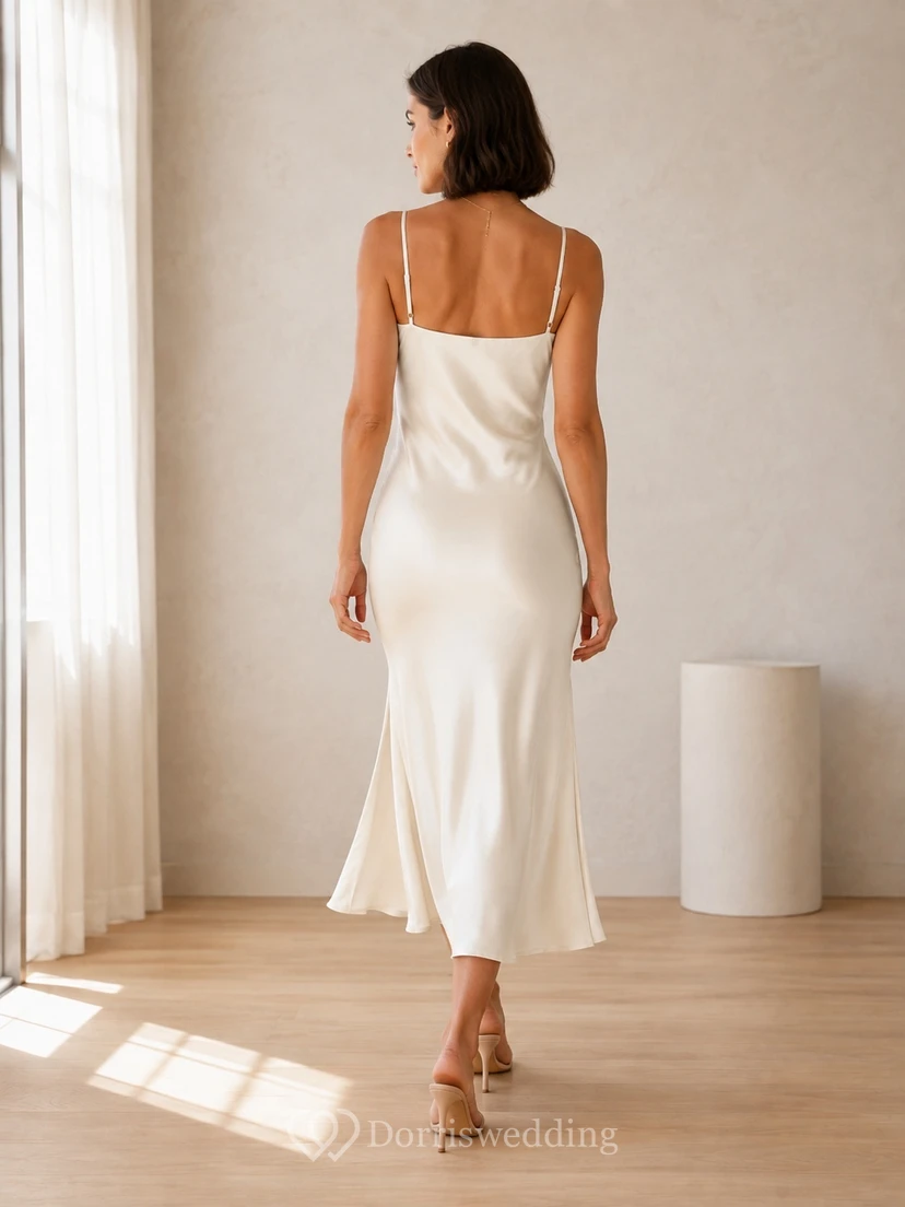 Spaghetti Strap Square Neck Satin Sheath Ankle-Length Side-Slit Cocktail Dress view 2