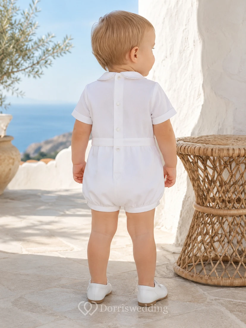 Pelele de bautizo tipo burbuja con cuello Peter y cruz bordada en blanco para bebé niño view 2