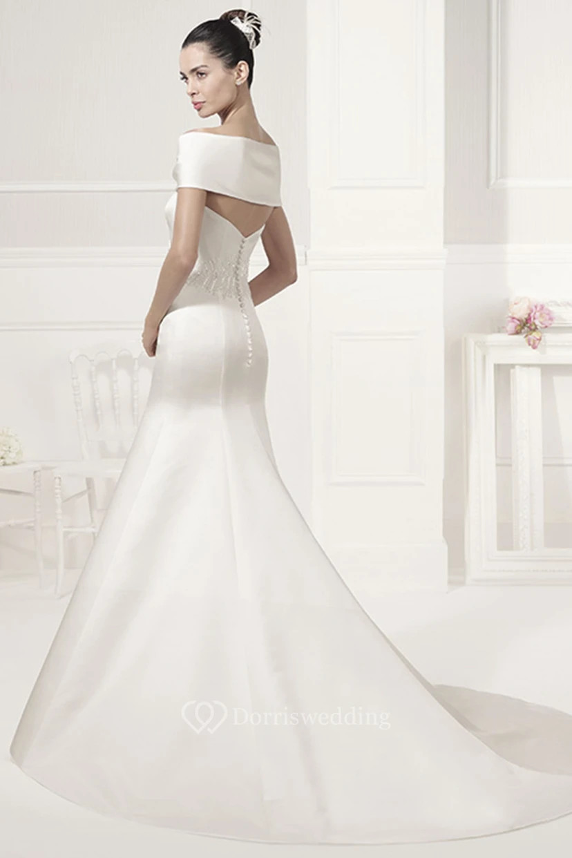 Unique Off-Shoulder Mermaid Satin Bridal Gown With Beading Waist view 2