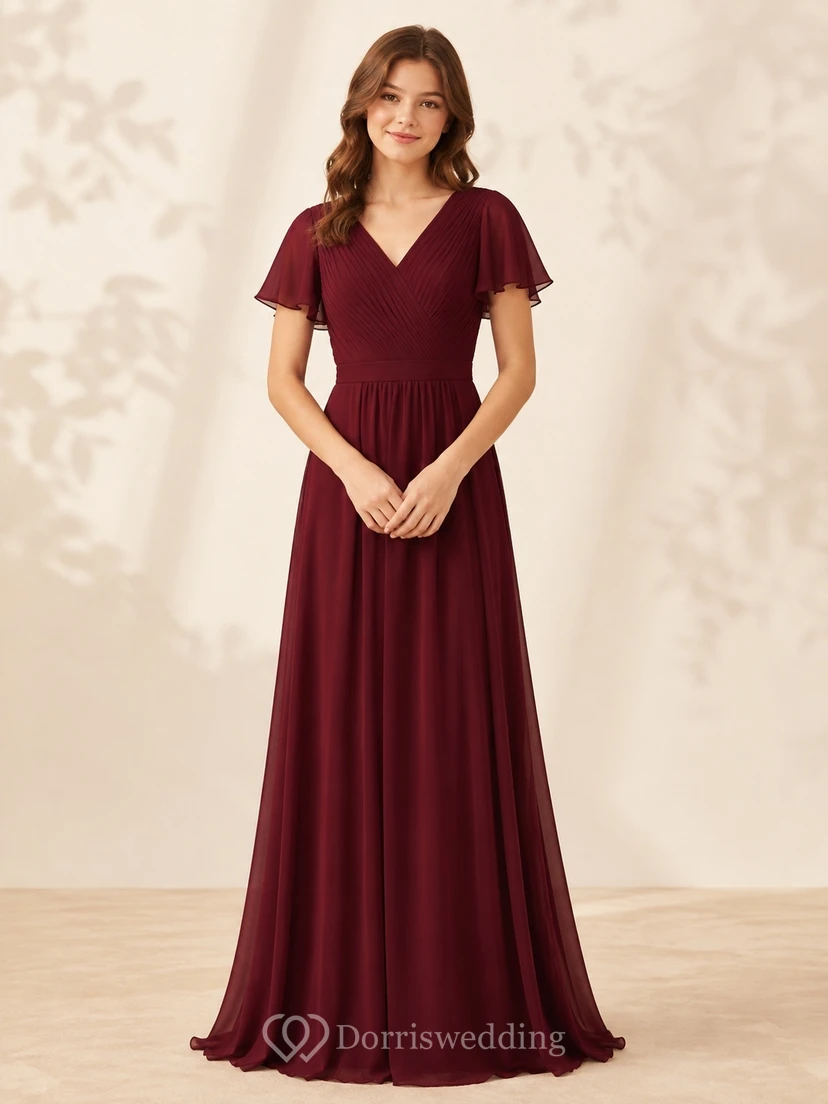 Vestido de dama de honor juvenil color burdeos, corte en A, escote en V, manga corta, fruncido, elegante.