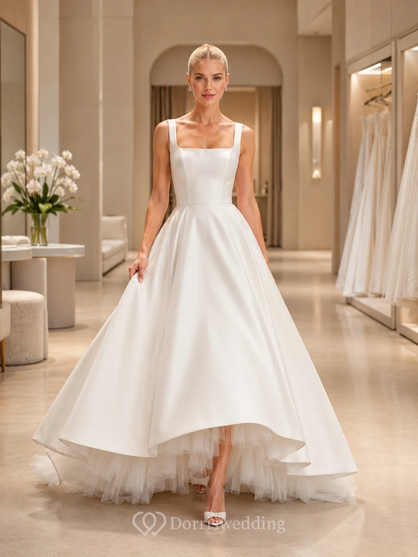 Vestido de novia clásico de corte A con falda asimétrica de tul para ceremonia