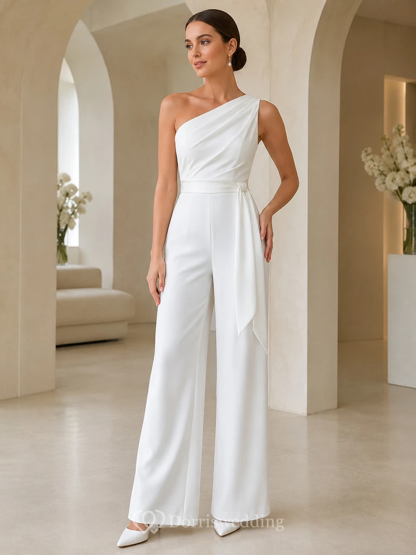 Combinaison chic asymétrique en satin à jambes larges et fronces, à une épaule, pour mariage civil