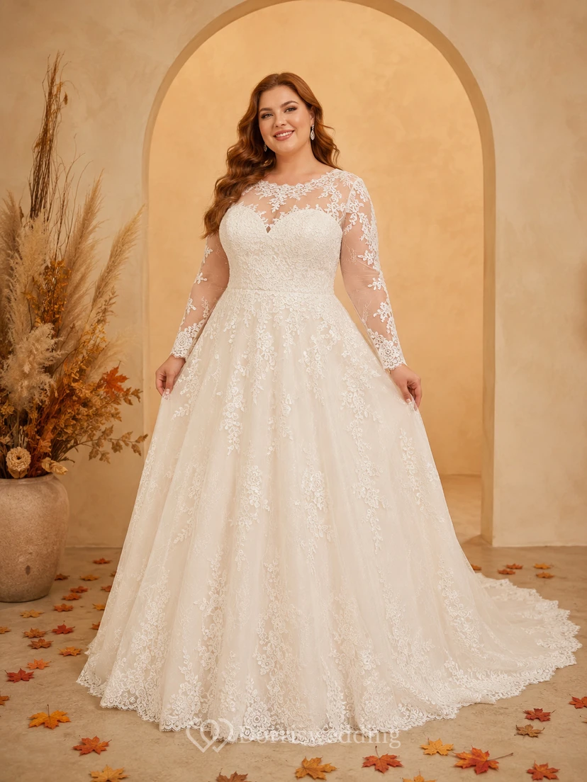 Fall Plus Size Illusion Lace A-Line Wedding Dress