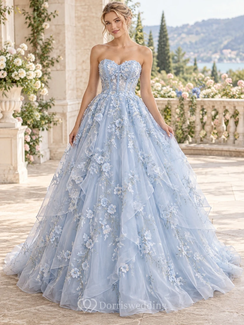 Vestido de novia de gala azul cielo sin tirantes, escote corazón, capas, organza floral, vestido de baile