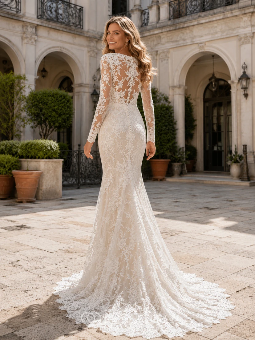 Robe de mariée sirène en dentelle florale à manches longues illusion avec traîne chapelle view 2