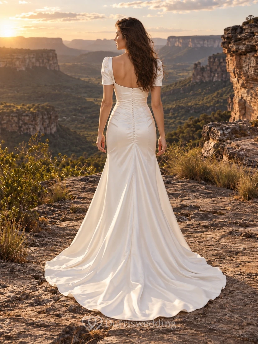Meerjungfrauen-Brautkleid aus Charmeuse mit eckigem Ausschnitt, kurzen Ärmeln, gerafftem Oberteil und Schleppe view 2