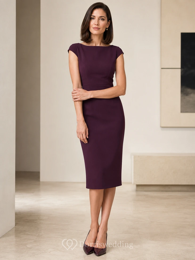 Vestido de cóctel ajustado de gasa color topo con escote en V y largo hasta la rodilla