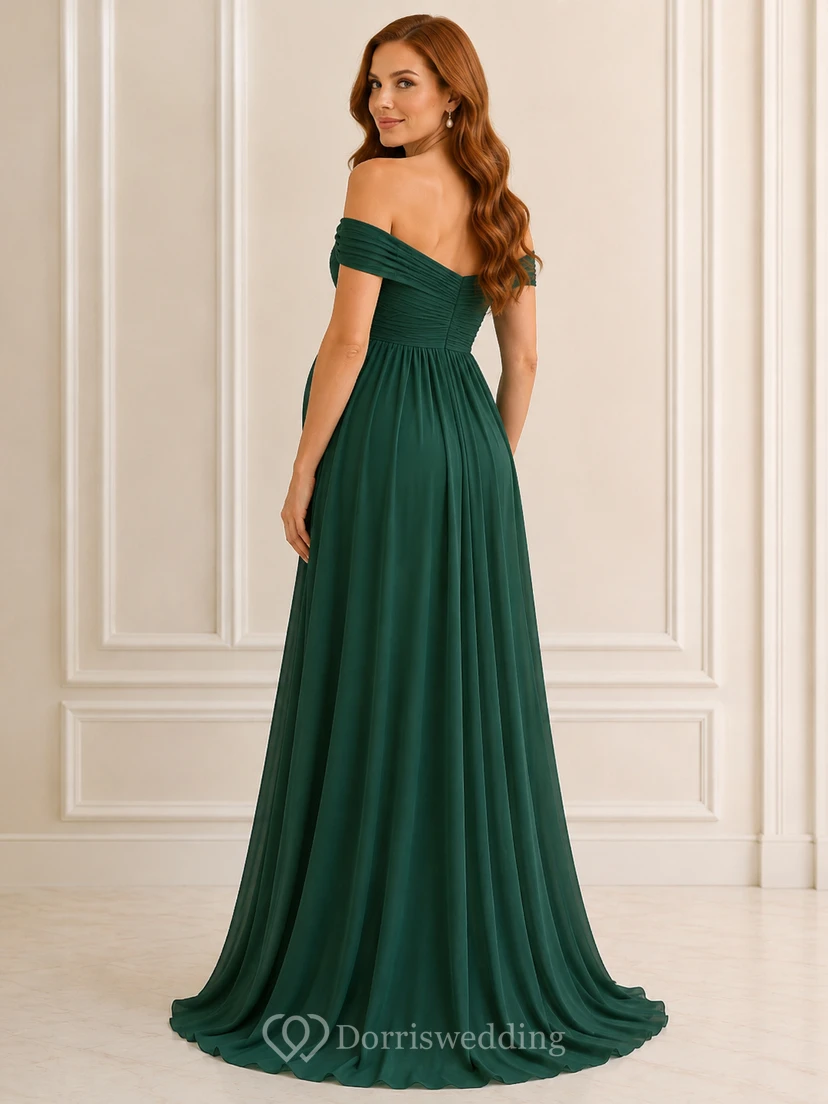 Robe de soirée longue en mousseline vert foncé à épaules dénudées et coupe empire, style trapèze, pour femme enceinte view 2