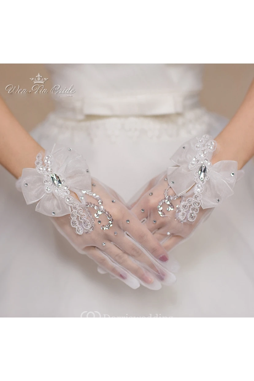 Gants courts blancs à nœud en gaze de cristal