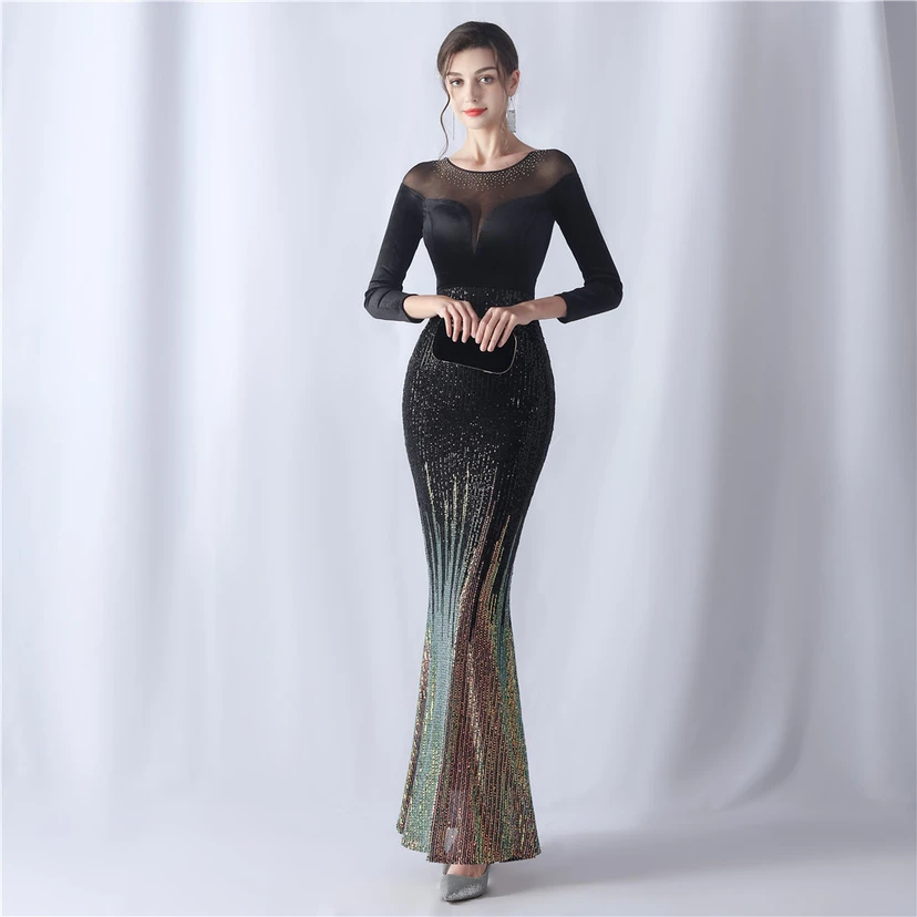 Long-Sleeved Fishtail Evening Dress High-End Atmosphere Elegant Banquet Temperament Velvet Aura Queen view 29