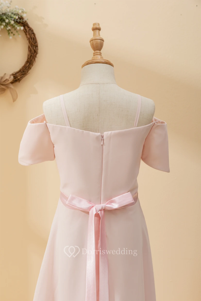 Chiffon Off-the-shoulder Spaghetti Casual Flowergirl Dress with Beaded Waist view 5