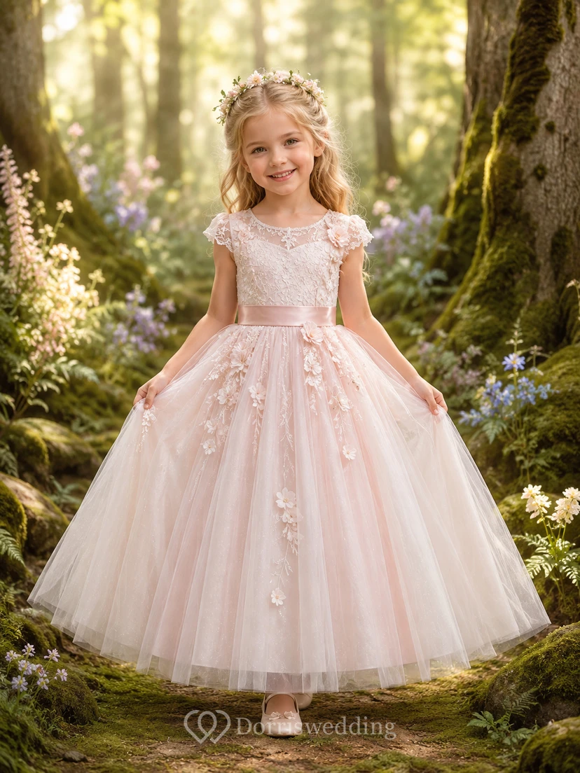 Blumenmädchenkleid aus perlmuttrosa Spitze und Tüll, A-Linie, kurze Ärmel, Rundhalsausschnitt, Teelänge, florale Applikationen