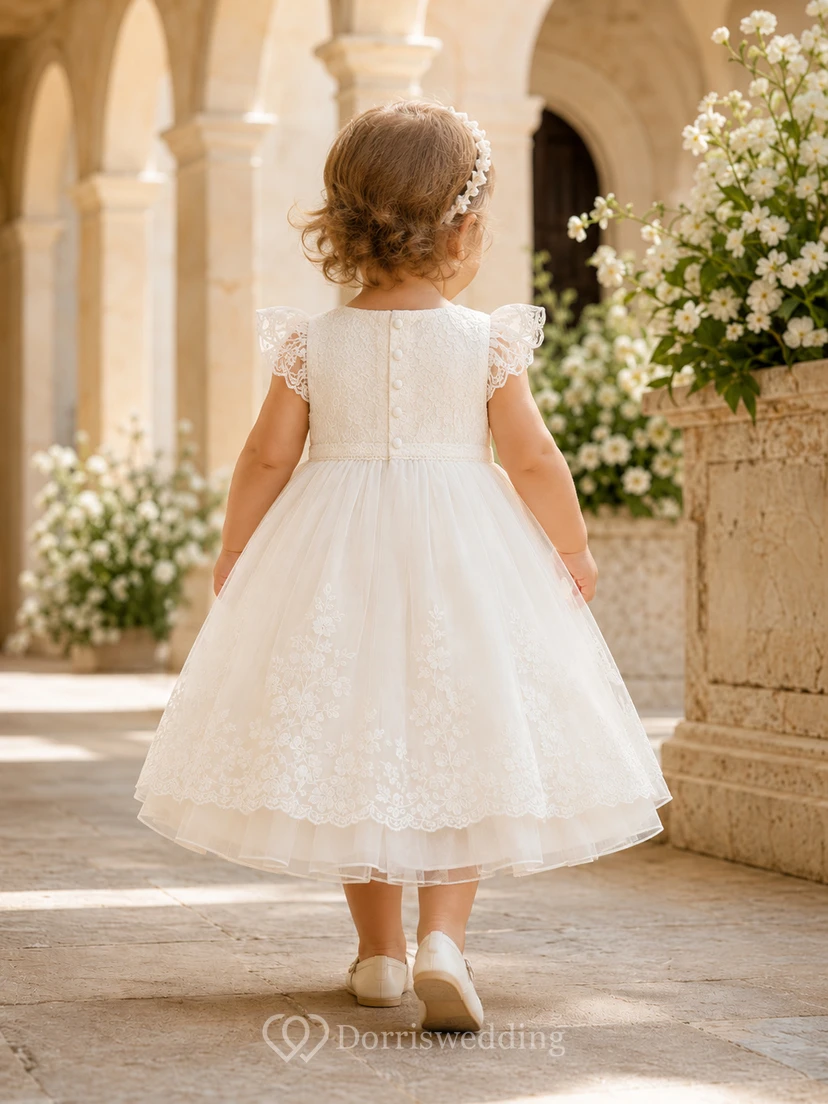 Baby Baptism Christening Ceremony Dress A-Line Tea-Length Jewel Neck Short Sleeve Tulle Lace Button Back view 2