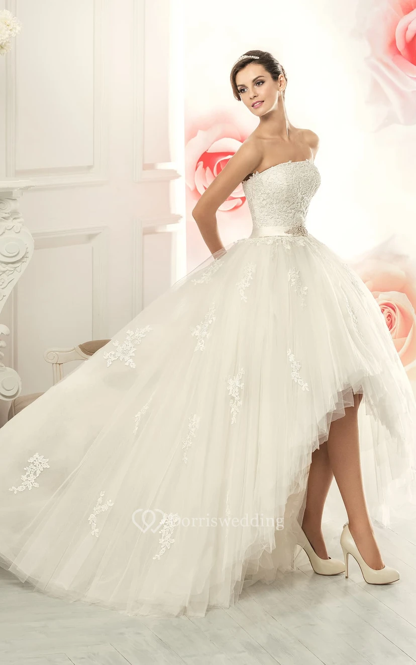 Ball Gown Floor-Length Strapless Sleeveless Corset-Back Tulle Dress With Appliques And Waist Jewellery view 3