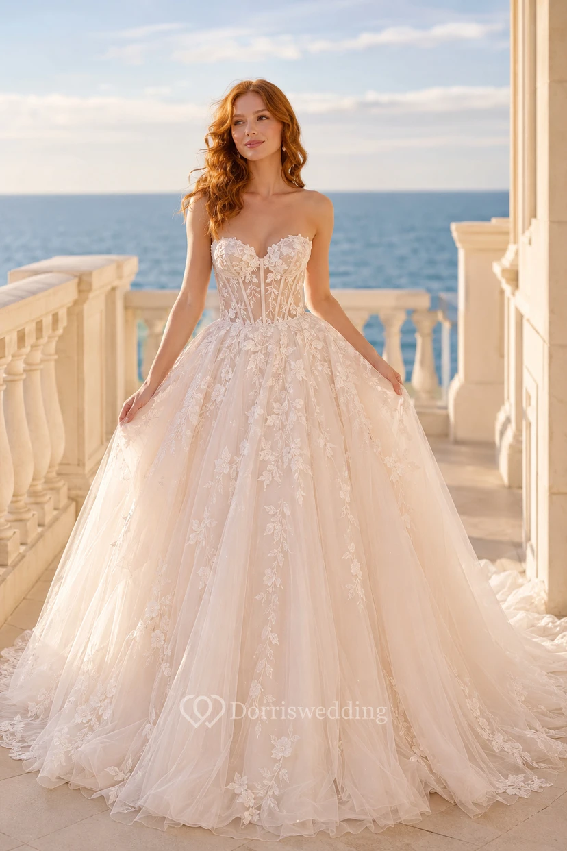 Applique Ball Gown Wedding Dress with Tulle Chapel Train