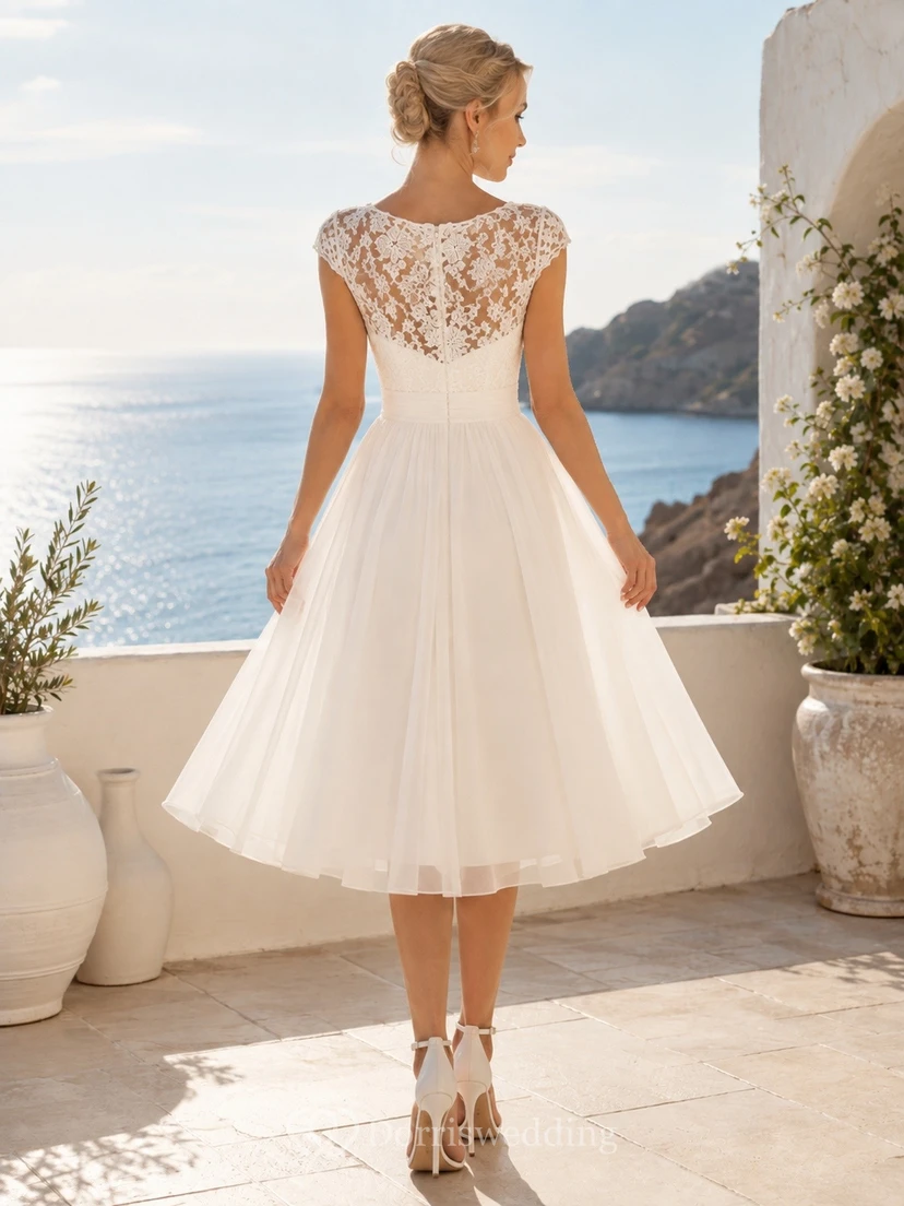 White Floral Lace Cap Sleeve Tea Length A Line Dress view 2