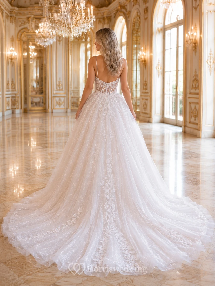 Suknia Slubna Spaghetti Strap Sweetheart Tulle Ball Gown Chapel Train Luxury Wedding Dress view 2