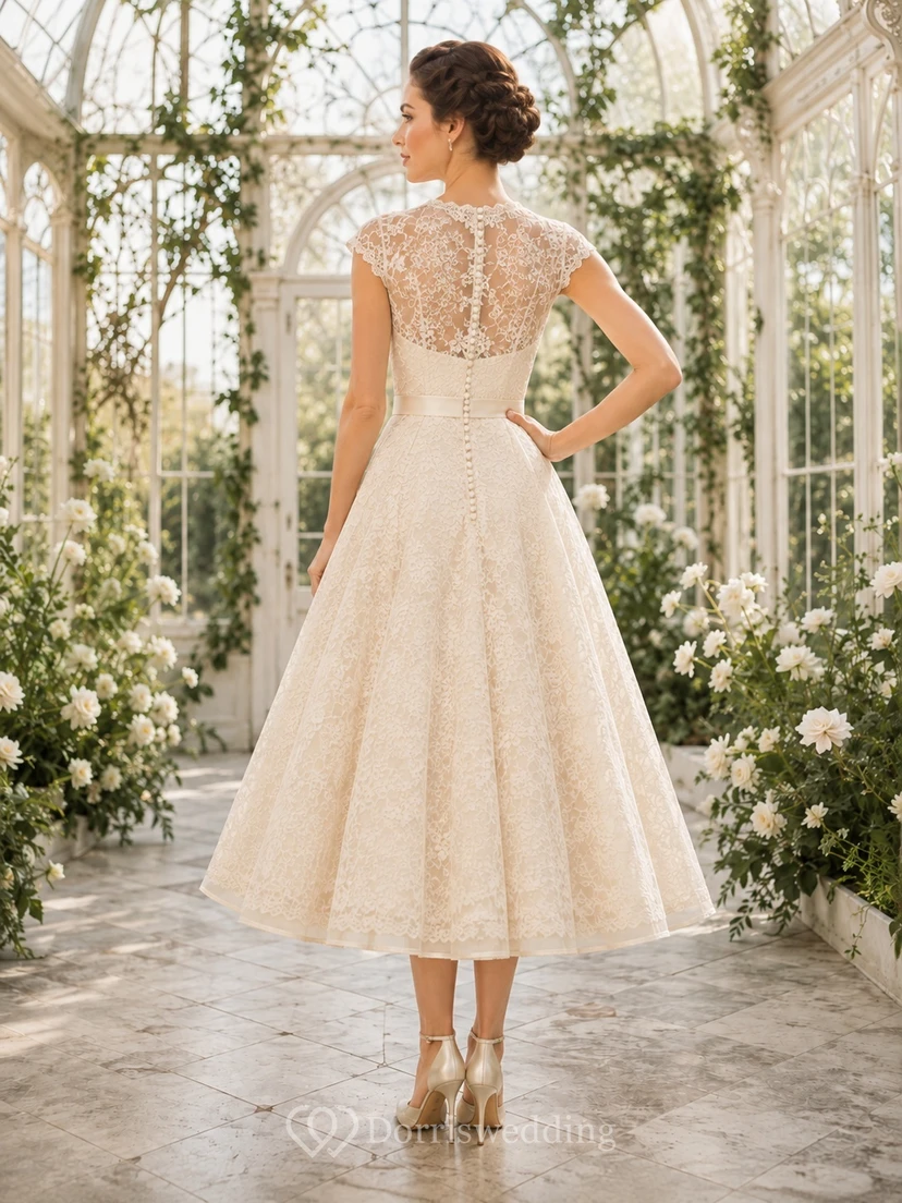 Vintage Teelänge, U-Boot-Ausschnitt, kurze Ärmel, Spitze, A-Linie, schlicht und elegant, Brautkleid view 2