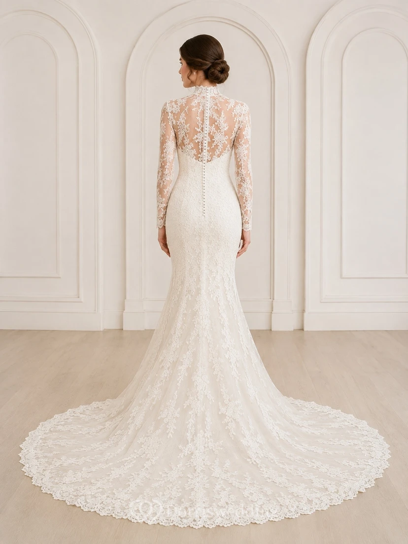 Vestido de novia de estilo sirena modesto, manga larga, cuello alto, encaje floral, estilo catedral. view 2