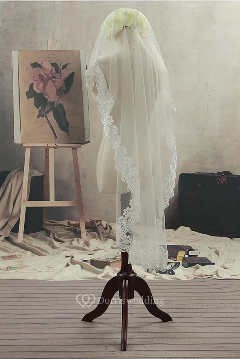 Simple Tulle Fingertip Wedding Veil with Lace Edge view 2
