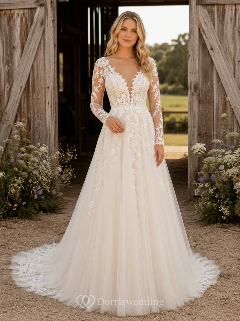 Lace Tulle Wedding Dress A-Line V-Neck Sleeveless Chapel Train Bridal Gown