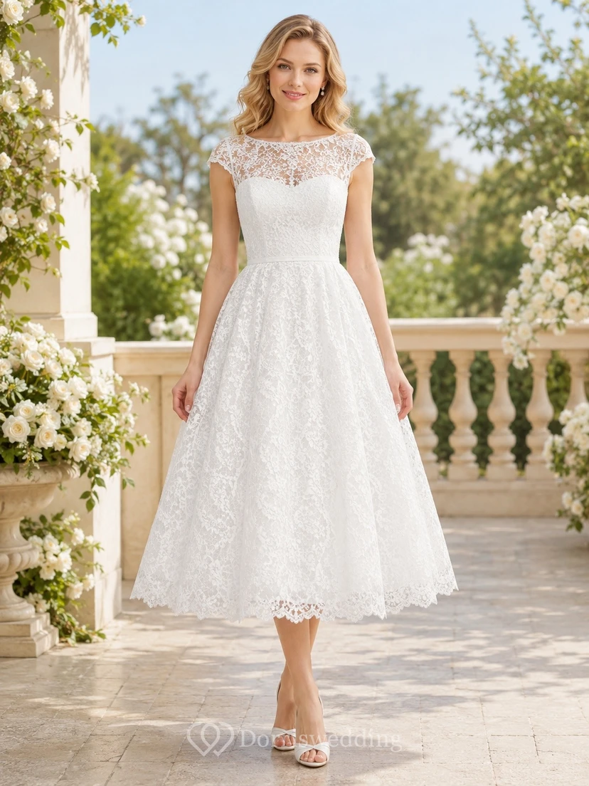 Teelanges Vintage-Cocktailkleid mit U-Boot-Ausschnitt, kurzen Ärmeln und Spitze in A-Linie