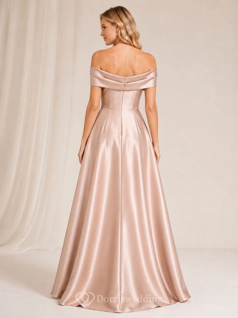 Pearl Pink Satin Off-the-shoulder A-Line Pleated Floor-length Romantic Formal Gown view 2
