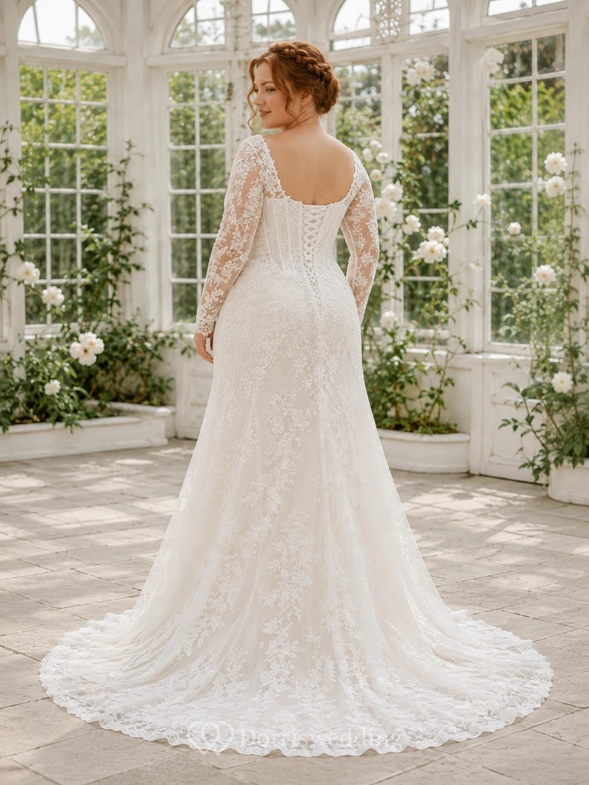 Plus Size Langarm-Spitzenkleid im Meerjungfrauenstil mit eckigem Ausschnitt, Meerjungfrauen-Schnitt und dezentem Vintage-Stil view 2