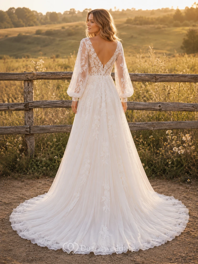 Vestido de novia de tul y encaje campestre, corte en A, hombros descubiertos, manga corta, cola de capilla, espalda baja en V. view 2