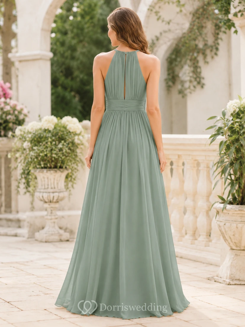 Sage Halter High Neck Chiffon High Slit A Line Bridesmaid Dress view 2