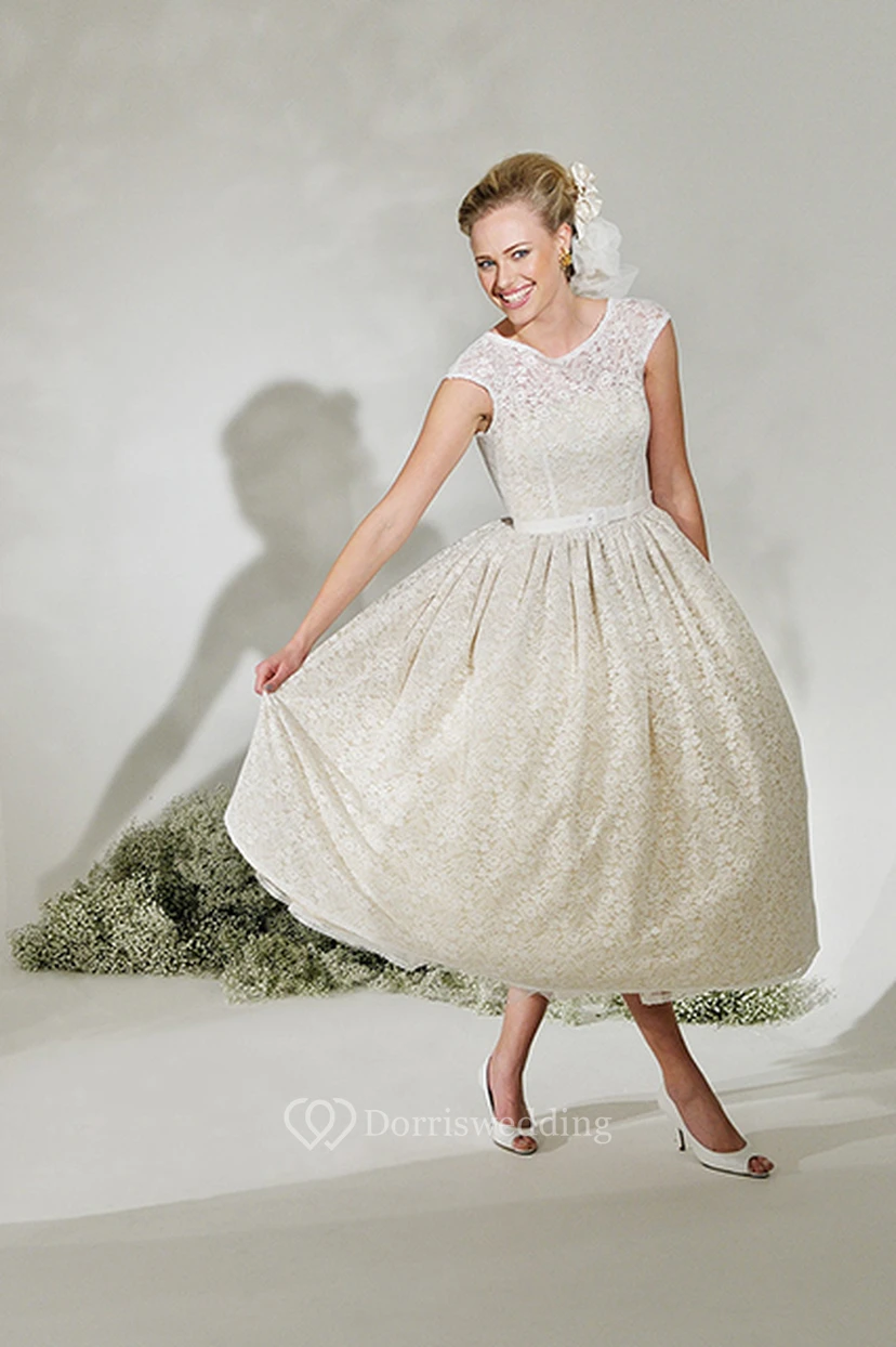 Tea-Length A-Line Cap Sleeve Ribboned Scoop Neck Lace Wedding Dress view 3