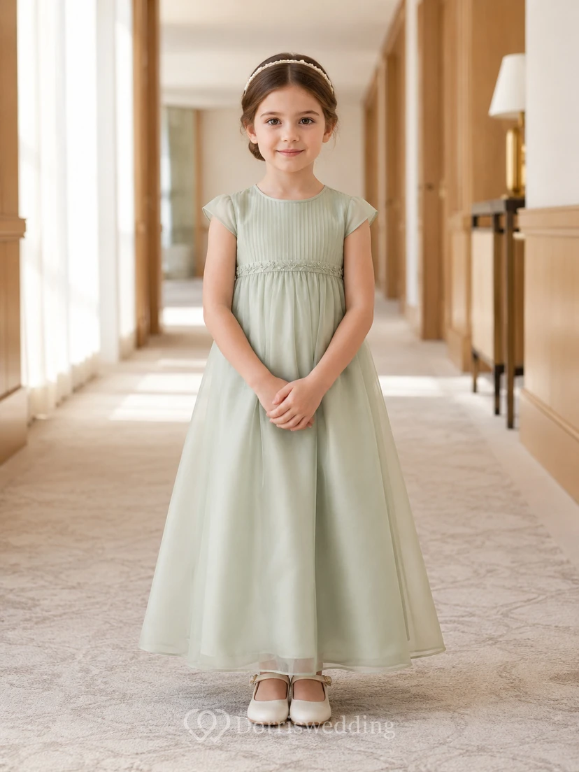 A-Line Quiet Luxury Flower Girl Dress with Cap Sleeves, Pleated Flowing Skirt, Tea-Length Hem, Natural Waist, Quiet Garden Formal Style
