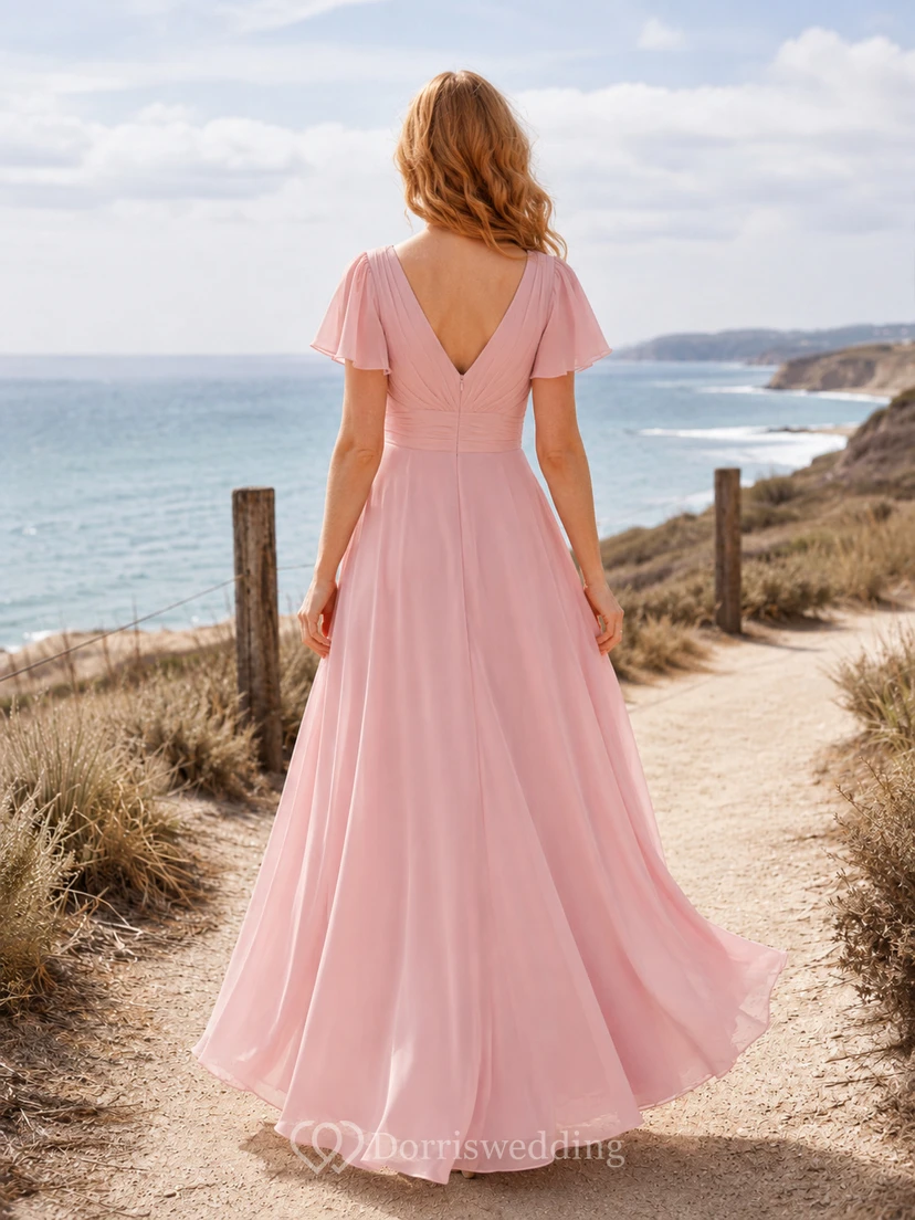 Pearl Pink Coastal A-Line Chiffon Bridesmaid Dress with V-Neck Flutter Sleeve Bodice, Pleated Floor-Length Skirt and Low V Back view 2