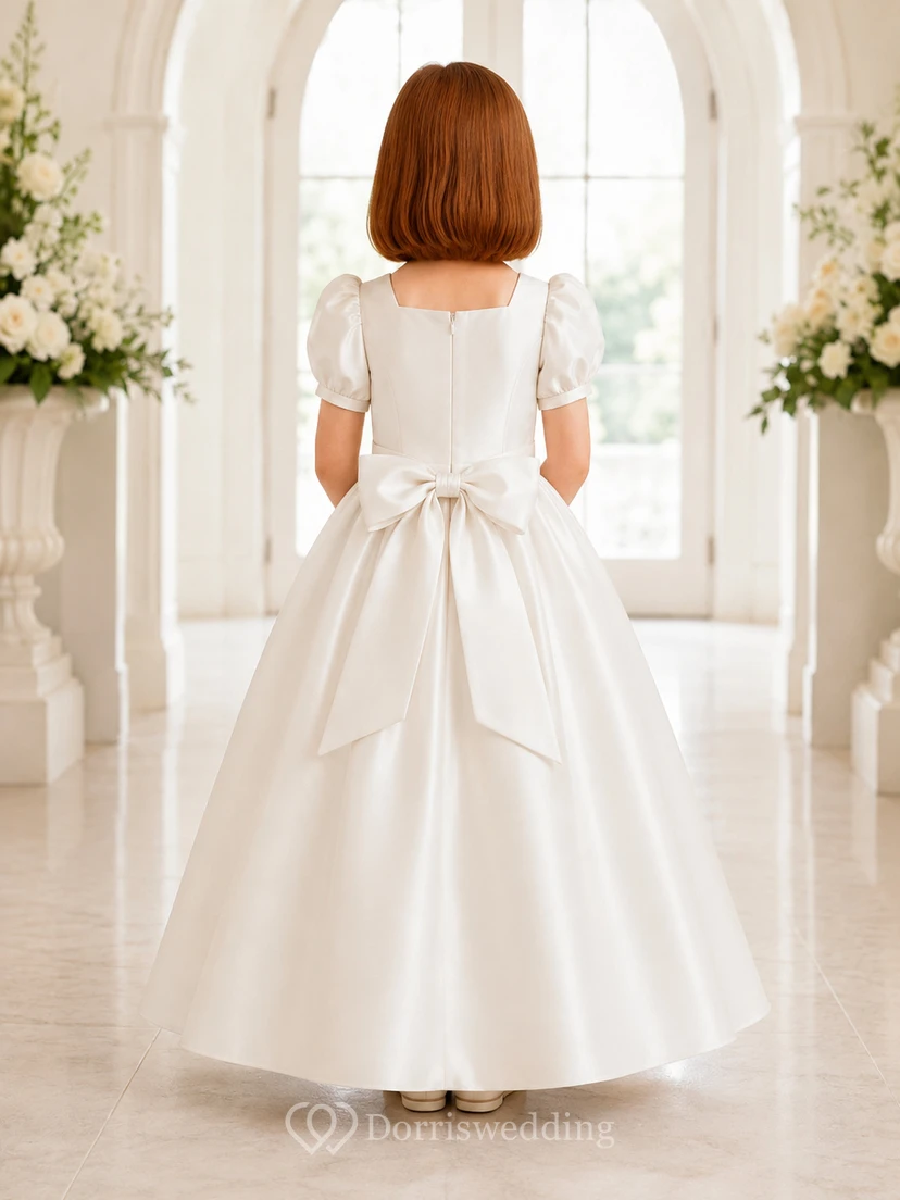Robe de demoiselle d'honneur blanche classique en satin, coupe trapèze, avec nœud dans le dos, manches bouffantes, col rond et jupe longue. view 2